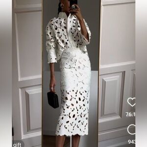 H&M Edition white 2 piece SET midi skirt & button shirt satin lazer cut lace